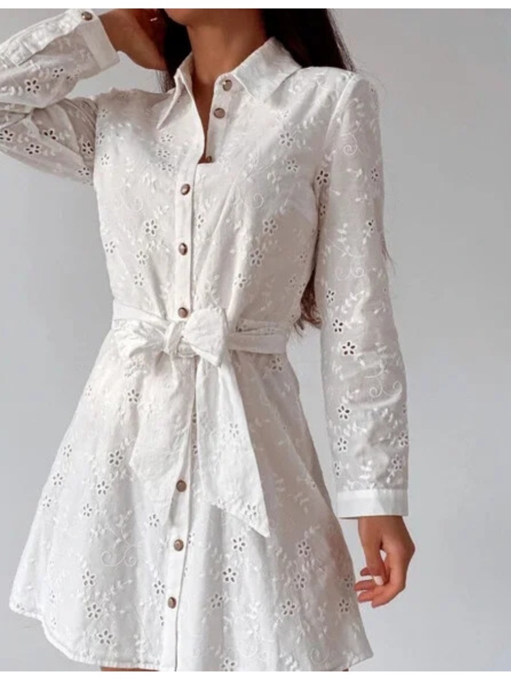 ZARA Openwork Eyelet Embroidered Short Belted Oyster White small